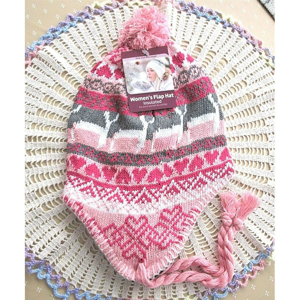 Women's Insulated Winter Flap Hat With Braid Ties By Heat Trend Pink Hearts New